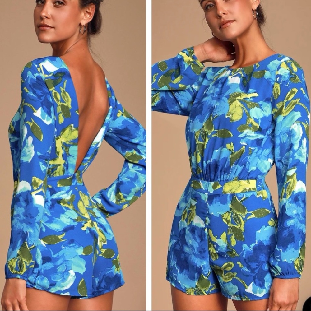 ❤️ Lulus Sweetest Song Blue Floral Print Backless Long Sleeve Romper